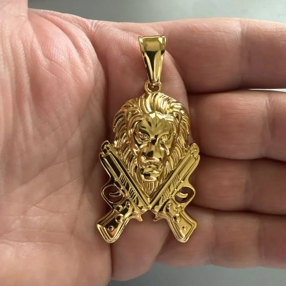 Double Gun Lion Tiger Pendant Stainless Steel 24 Inch Chain Gold Hunter Hip Hop
